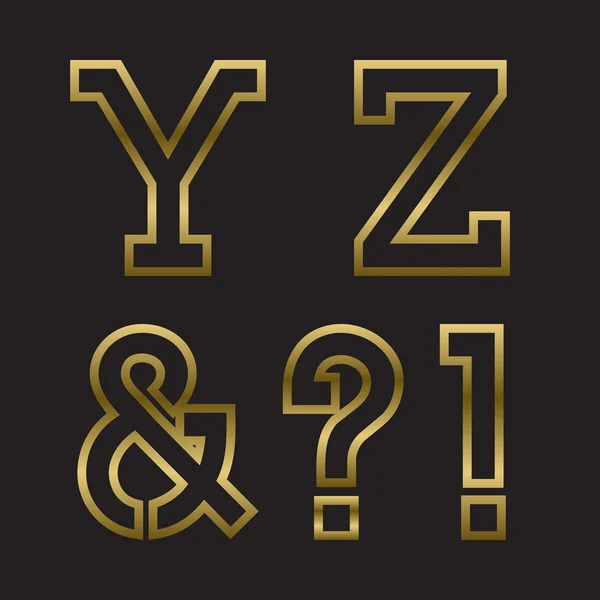 Y, z goldgeprägte Buchstaben, Ampersand, Ausrufezeichen und Fragezeichen. — Stockvektor