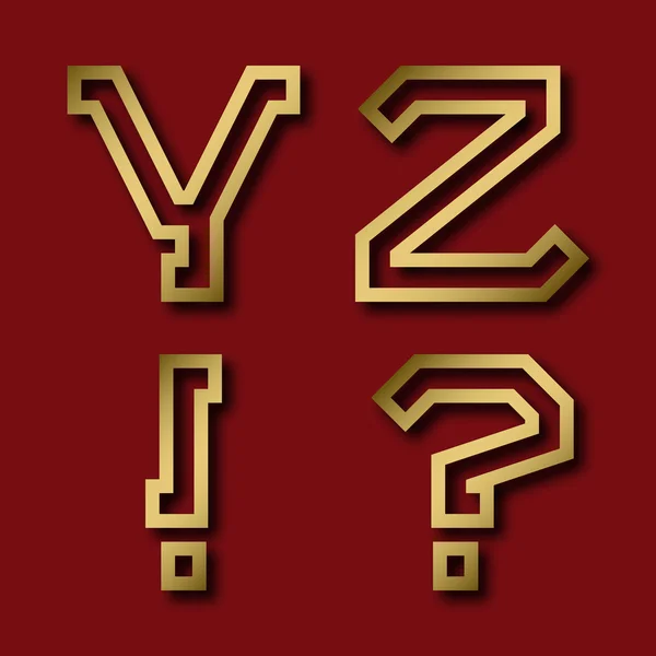 Y, Z letras angulares de oro, exclamación y signos de interrogación con sombra . — Vector de stock