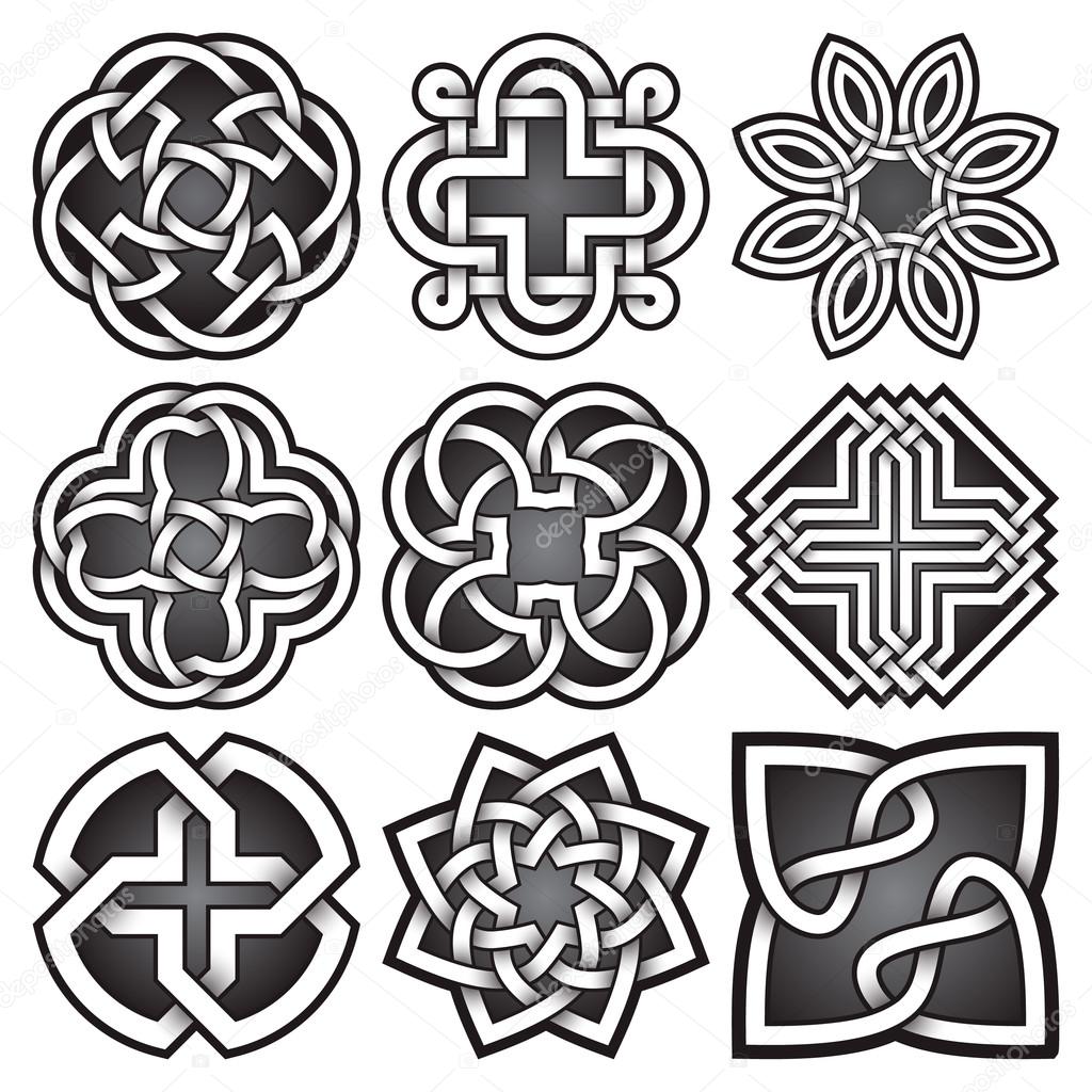 Set of logo symbols in Celtic knots style. Tribal tattoo symbols package. Nine silver stamps for jewelry design. Monochrome logos design elements.