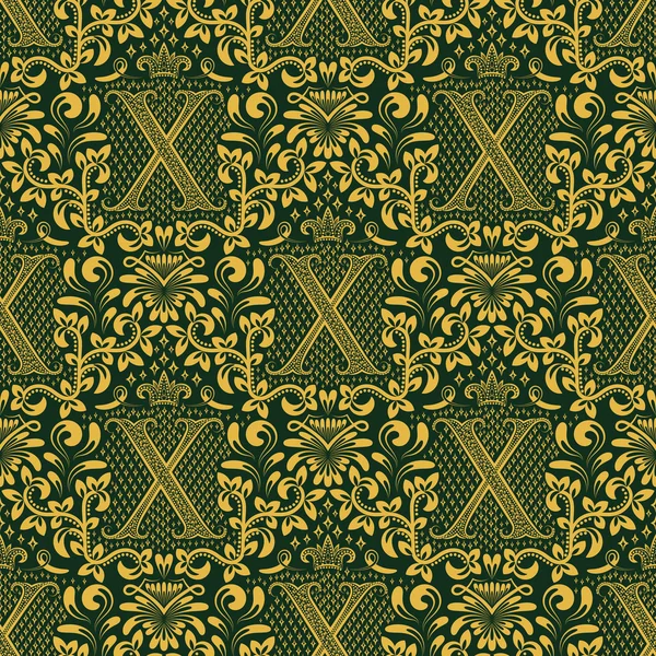 Dourado padrão sem costura damasco verde com letra X — Vetor de Stock