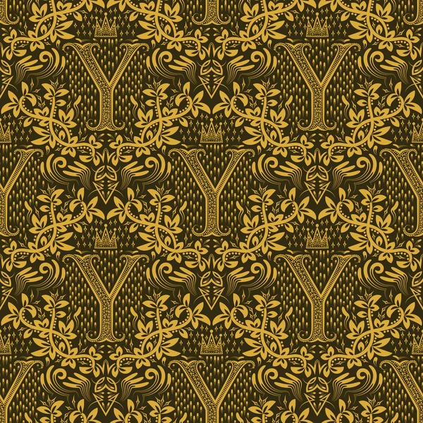 Azeitona dourada damasco sem costura padrão com letra Y — Vetor de Stock