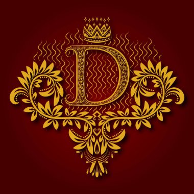 D harfi hanedan monogramı. Bordo arka planda gölgesi olan klasik altın bir logo. D harfi çiçek desenli elementlerle çevrilidir..
