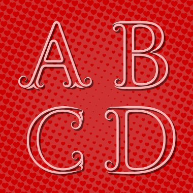 A, B, C, D harflerinin ana hatları saydam gölgelerle. Kırmızı kalplerin arka planında parlak pembe harfler. Pop sanat tarzında klasik yazı tipi. 