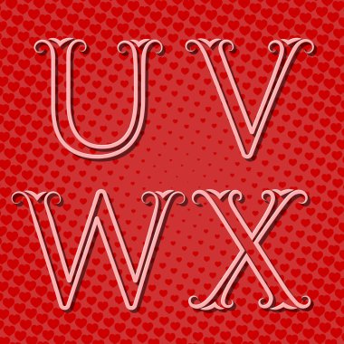 U, V, W, X hacimsel harflerini saydam gölgelerle özetleyin. Kırmızı kalplerin arka planında parlak pembe harfler. Pop sanat tarzında klasik yazı tipi.