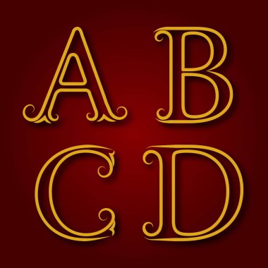 A, B, C, D altın renkli gölgeli harfler. Şatafatlı satır harfleri. Kraliyet tarzı yazı tipi.