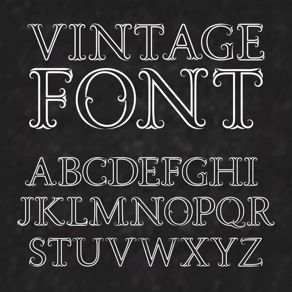 Vintage letters with flourishes. Vintage font in baroque style. Vintage latin alphabet. White outline capital letters on a black textured background.