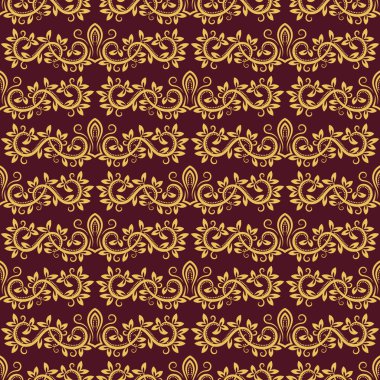 Damask arkaplanı tekerrür ediyor. Barok tarzında altın mor çiçek süsü. Antika tekrarlanabilir duvar kağıdı tasarımı.