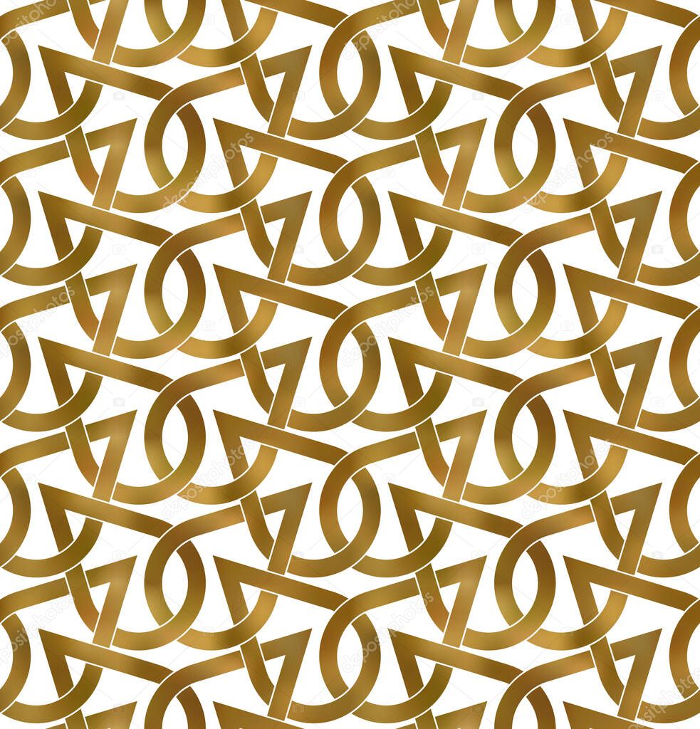 Abstract repeatable pattern background of golden twisted bands. Swatch of shapes plexus in drops form. Seamless pattern in modern style.