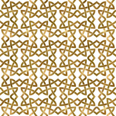 Altın burkulmuş bantların soyut tekrarlanabilir desen arka planı. Altın şekilli pleksus örnekleri halka şeklinde. Modern stilde kusursuz desen.