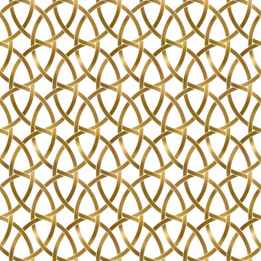 Altın burkulmuş bantların soyut tekrarlanabilir desen arka planı. Birbirine dolanmış altın dalgalı bantlar. Modern stilde kusursuz desen.