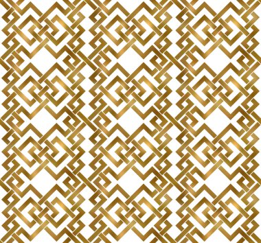 Altın burkulmuş şeritlerin soyut tekrarlanabilir desen arka planı. Birbirlerine dolanmış altın zigzag bantları. Modern stilde kusursuz desen.