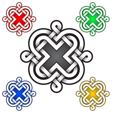 Cruciform mandala sembolü Kelt tarzında. Kabile dövmesi sembolü. Mücevher tasarımı için gümüş pul ve diğer renk örnekleri.