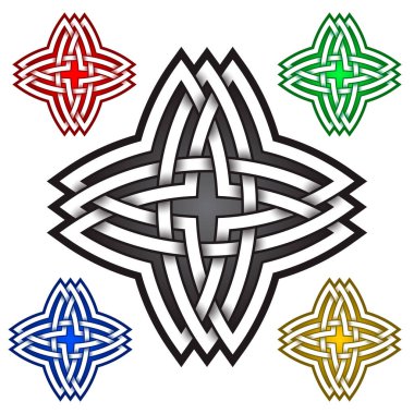 Kelt tarzında dört köşeli yıldız sembolü. Kabile dövmesi sembolü. Mücevher tasarımı için gümüş pul ve diğer renk örnekleri.