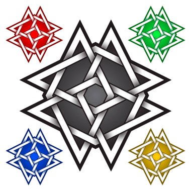 Kelt tarzında Cruciform mandala logosu sembolü. Kabile dövmesi sembolü. Mücevher tasarımı için gümüş pul ve kırmızı, yeşil, mavi ve altın rengi örnekleri.