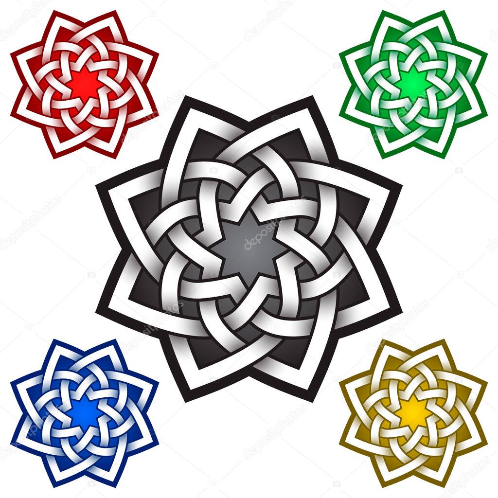 Eight pointed logo symbol in Celtic style. Tribal tattoo symbol. Silver stamp for jewelry design and samples of other colors.