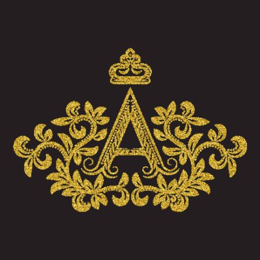 Altın renkli bir harf. Klasik bir monogram. Yarım tonlu hanedan arması. Barok logo şablonu.
