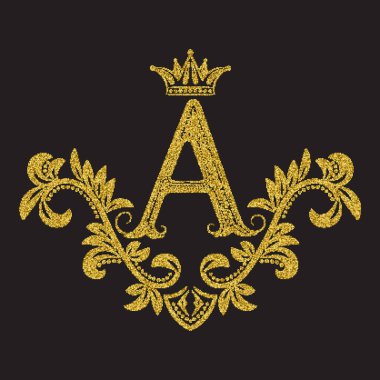 Altın renkli bir harf. Klasik bir monogram. Yarım tonlu hanedan arması. Barok logo şablonu.