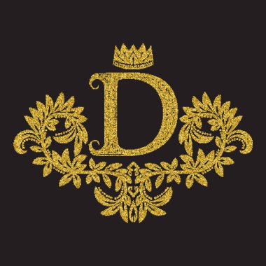 Klasik tarzda altın renkli D harfli monogram. Yarım tonlu hanedan arması. Barok logo şablonu.