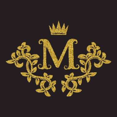 Klasik tarzda altın renkli M harfi monogram. Yarım tonlu hanedan arması. Barok logo şablonu.
