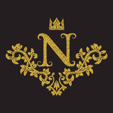 Klasik tarzda altın renkli N harfli monogram. Yarım tonlu hanedan arması. Barok logo şablonu.