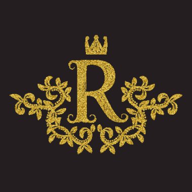 Klasik tarzda altın renkli R harfli monogram. Yarım tonlu hanedan arması. Barok logo şablonu.