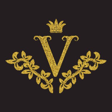 Eski tarz V harfli altın renkli bir monogram. Yarım tonlu hanedan arması. Barok logo şablonu.