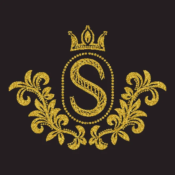 Goldener Glitzernder Buchstabe Vintage Stil Wappen Mit Halbtoneffekt Barocke Logo — Stockvektor