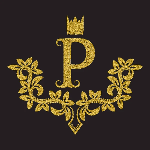 Gouden Glinsterende Letter Monogram Vintage Stijl Heraldisch Wapen Met Een — Stockvector