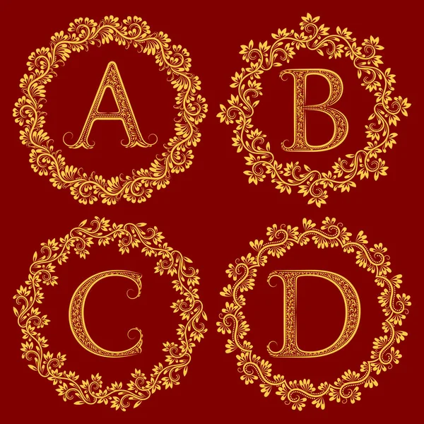 Vintage Monograms Floral Wreath Golden Monograms Baroque Style Maroon Background — Stock Vector
