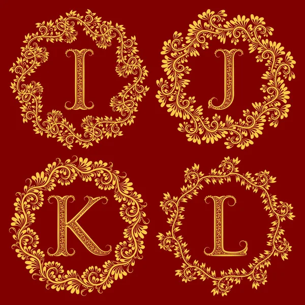 Vintage Monograms Floral Wreath Golden Monograms Baroque Style Maroon Background — Stock Vector