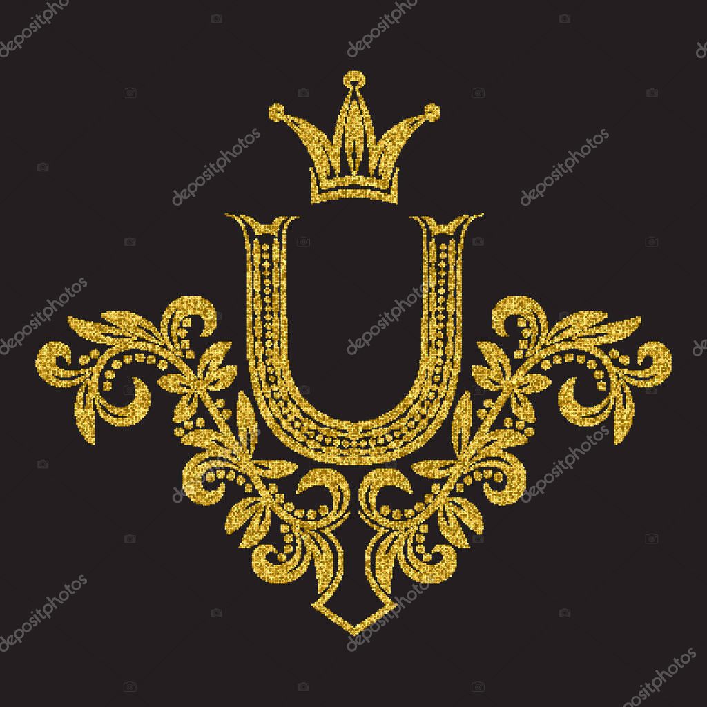 Golden glittering letter U monogram in vintage style. Heraldic coat of arms with halftone effect. Baroque logo template.