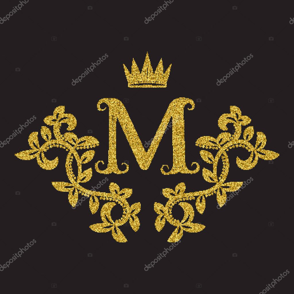 Golden glittering letter M monogram in vintage style. Heraldic coat of arms with halftone effect. Baroque logo template.