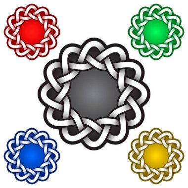 Kelt düğümü şeklinde dairesel logo şablonu. Kabile dövmesi sembolü. Mücevher tasarımı için gümüş süs ve diğer renklerden örnekler.