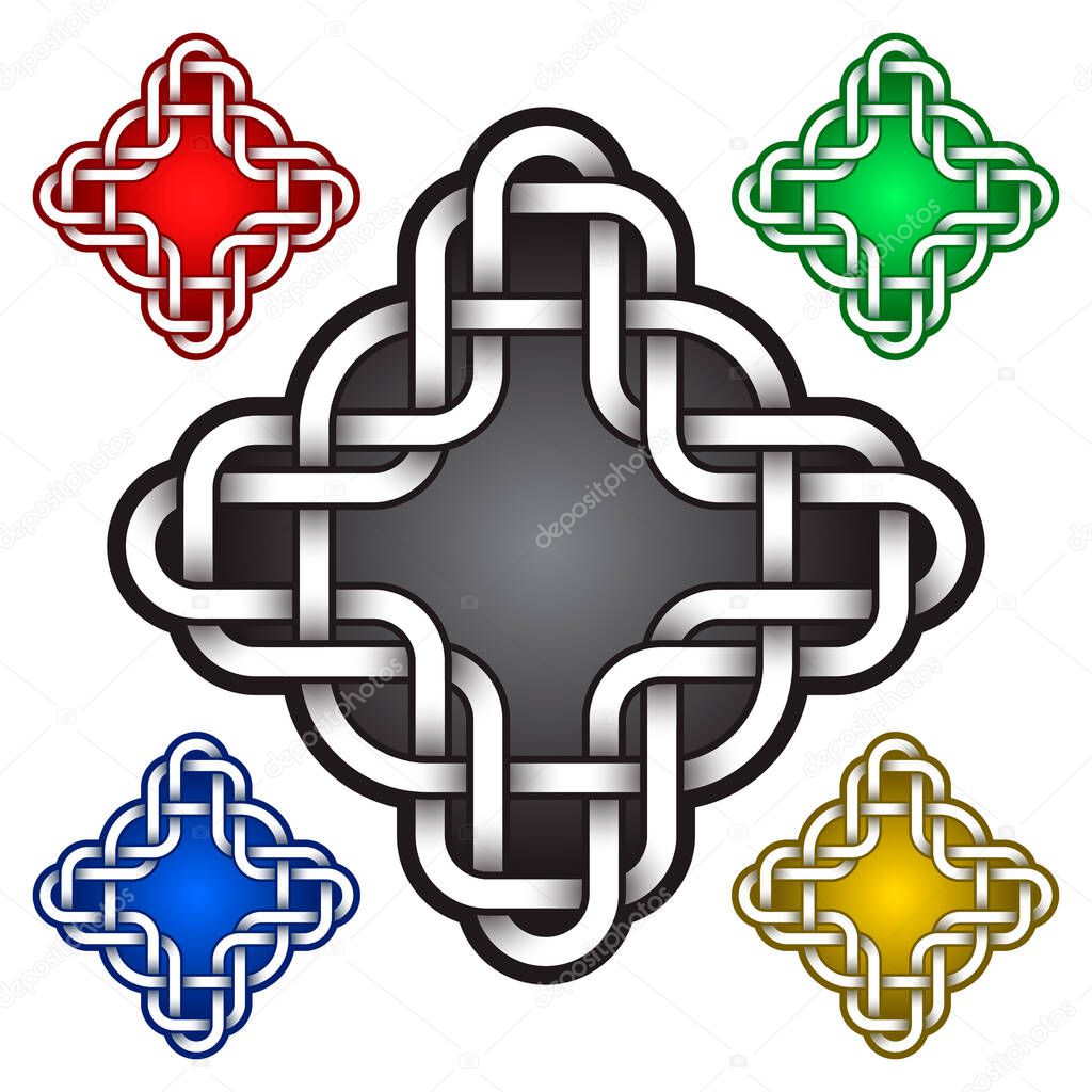 Cruciform logo template in Celtic knots style. Tribal tattoo symbol. Silver ornament for jewelry design and samples of other colors.