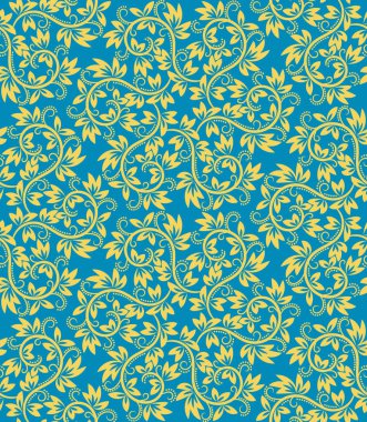 Eski, dikişsiz desen. Festival ambalaj tasarımı için arka plan tekrarlanıyor. Altıgen dizide altın mavisi çiçek süsleri.