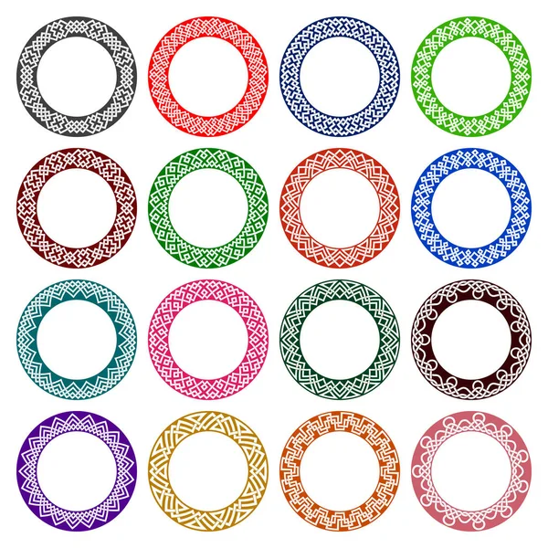 Ensemble Motifs Circulaires Style Noeud Celtique Seize Plaques Ornements Colorés — Image vectorielle