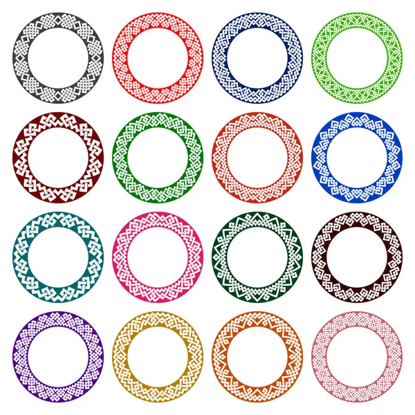 Ensemble Motifs Circulaires Style Noeud Celtique Seize Plaques Ornements Colorés — Image vectorielle