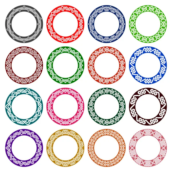 Set Circular Patterns Celtic Knotting Style Sixteen Plates Colored Ornaments — Stock Vector