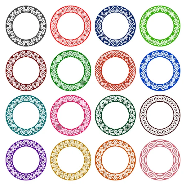 Set Circular Patterns Celtic Knotting Style Sixteen Plates Colored Ornaments — Stock Vector