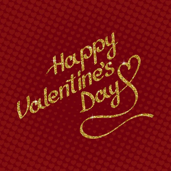 Gelukkige Valentijnsdag Belettering Van Gouden Sprankelingen Rode Achtergrond Met Harten — Stockvector