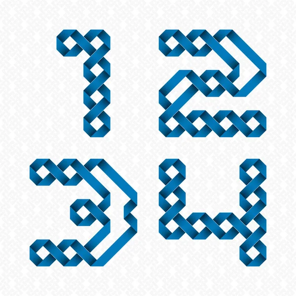 Font Intertwined Paper Bands One Two Three Four Blue Relief — Vetor de Stock