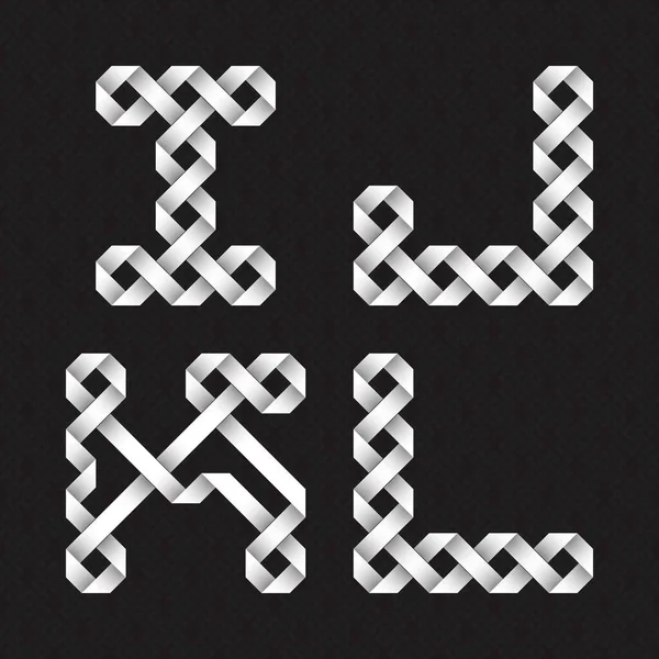 Font Intertwined Paper Ribbons White Relief Letters Black Patterned Background — Stock vektor