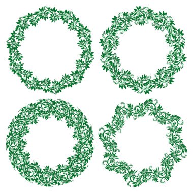 Çiçeksel vintage tarzında dizayn edilmiş yuvarlak çerçeveler. Beyaz arkaplanda yeşil süsler.