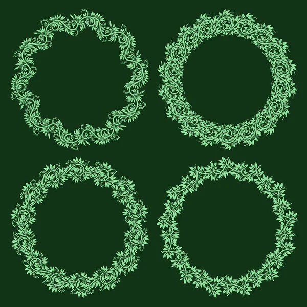 Çiçeksel vintage tarzında dizayn edilmiş yuvarlak çerçeveler. Koyu yeşil arkaplanda açık yeşil süsler.