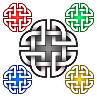 Cruciform logo şablonu Kelt düğümü tarzında. Kabile dövmesi sembolü. Mücevher tasarımı için gümüş süs ve diğer renklerden örnekler.