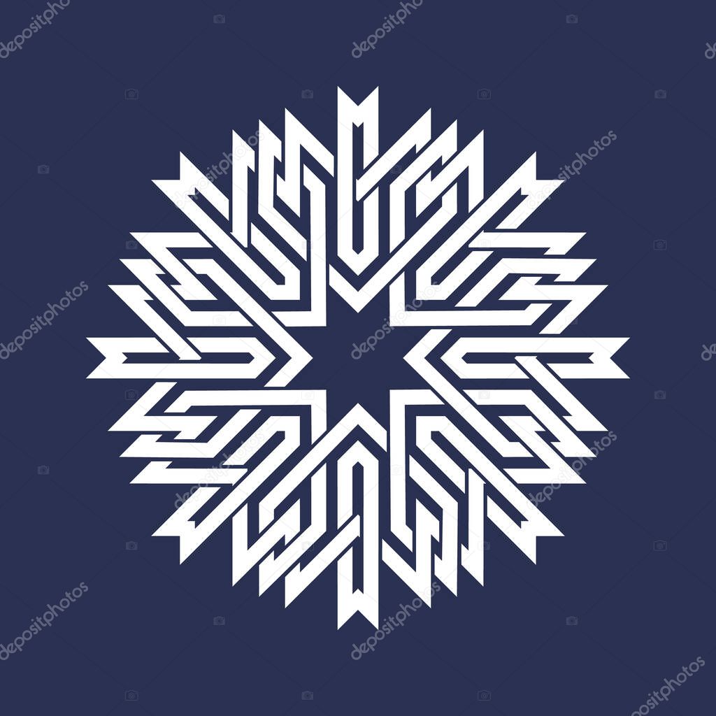 Circular pattern in Asian intersecting lines style. White eight pointed mandala in snowflake form on blue background.