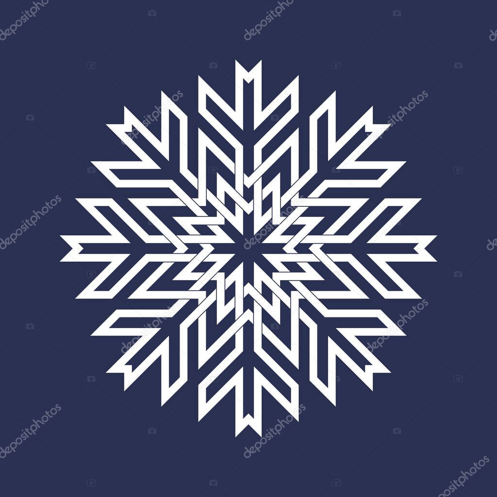Circular pattern in Asian intersecting lines style. White eight pointed mandala in snowflake form on blue background.