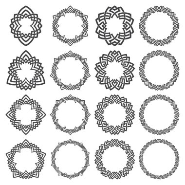 Yuvarlak çerçeveler. Çizgili örgü kenarlı logo tasarımı için 16 dekoratif unsur. Beyaz arkaplanda siyah çizgiler.