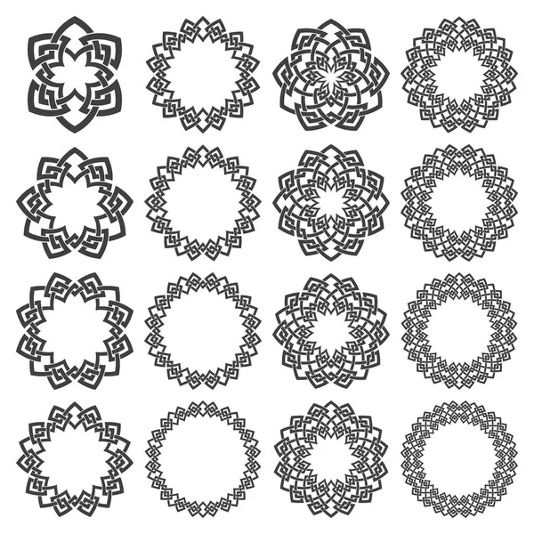 Набор Круглых Рам Шестнадцать Декоративных Элементов Оформления Логотипа Плетением Полос — стоковый вектор