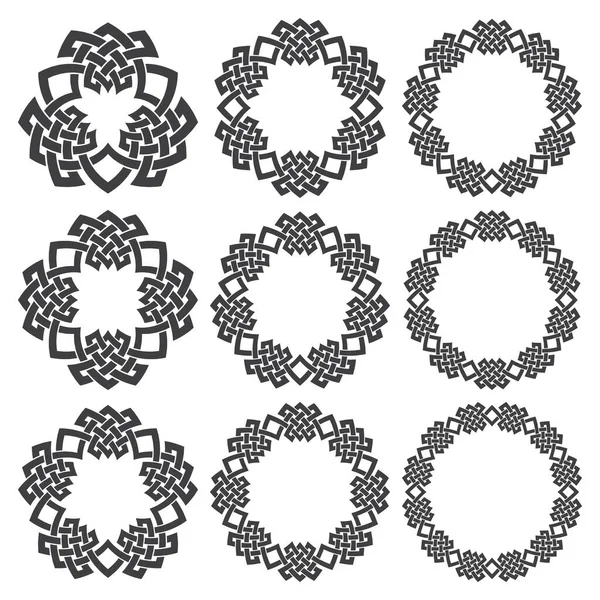 Набор Круглых Рам Девять Декоративных Элементов Оформления Логотипа Плетением Полос — стоковый вектор